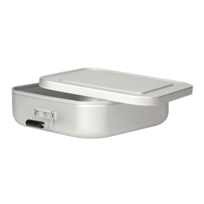 Werbeartikel Vorratsdose Quadrado small mit Logodruck – Silber – robuste Brotzeitbox aus Aluminium für Firmen und Büros