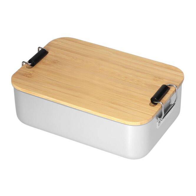 Firmengeschenk Vorratsdose Bamboo mit Gravur – Silber – auslaufsichere Brotzeitbox aus Aluminium für Büro und Business