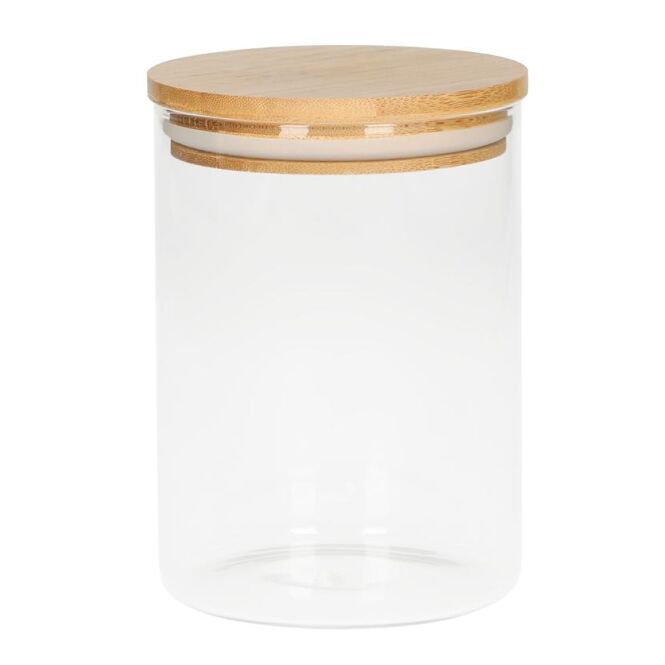 Firmengeschenk Glasbehälter Bamboo 650 ml mit Gravur – Weiß – nachhaltiger Vorratsbehälter für Küche und Büro