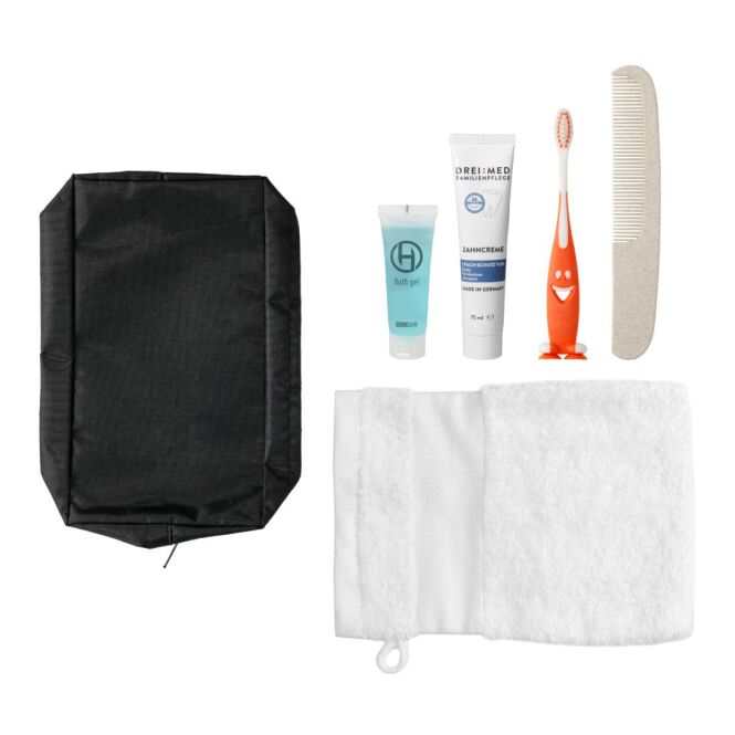 Werbeartikel Overnight Kit mit 1-farbigem Siebdruck – Schwarz – Kosmetik-Set für Hotelbedarf und Reisen