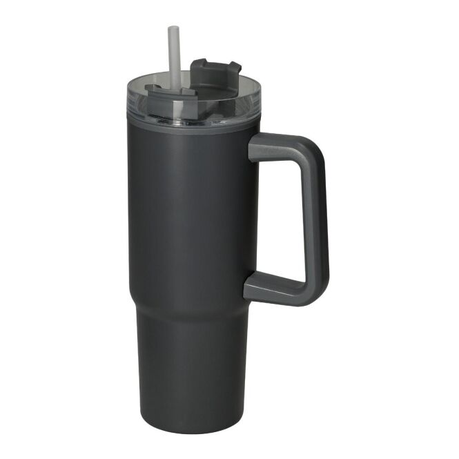 Werbeartikel Trinkbecher Tampa 800 ml mit Logodruck – Weiß/Schwarz – doppelwandiger Thermobecher für Büro und Konferenzen