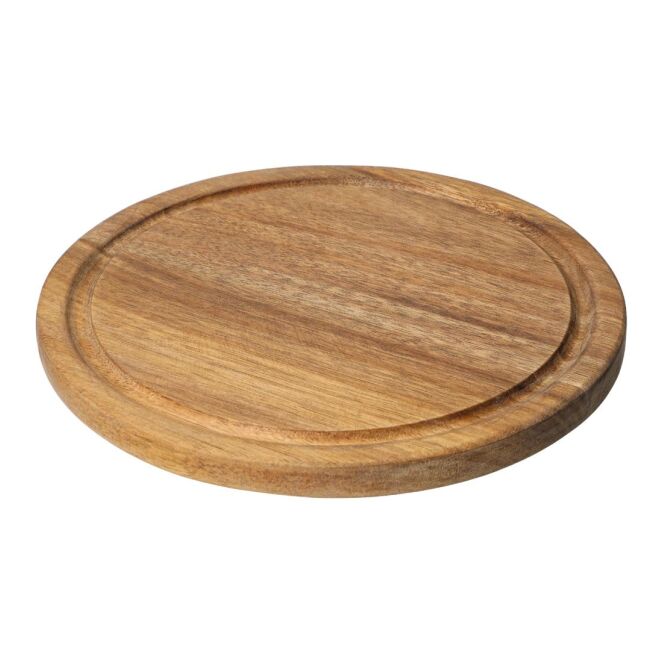 Firmengeschenk Schneidbrett Acacia mit Lasergravur – Natur – rundes Holzbrett mit Saftrille für Konferenzküchen und Events