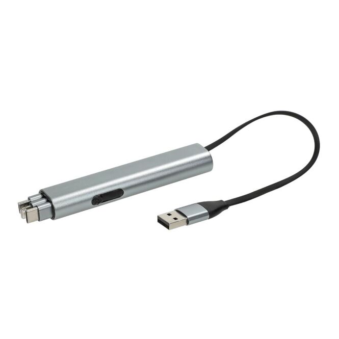 Werbeartikel Ladekabel Connect 4 in 1 mit Gravur – Silber – recyceltes Ladezubehör für Büro und Konferenz