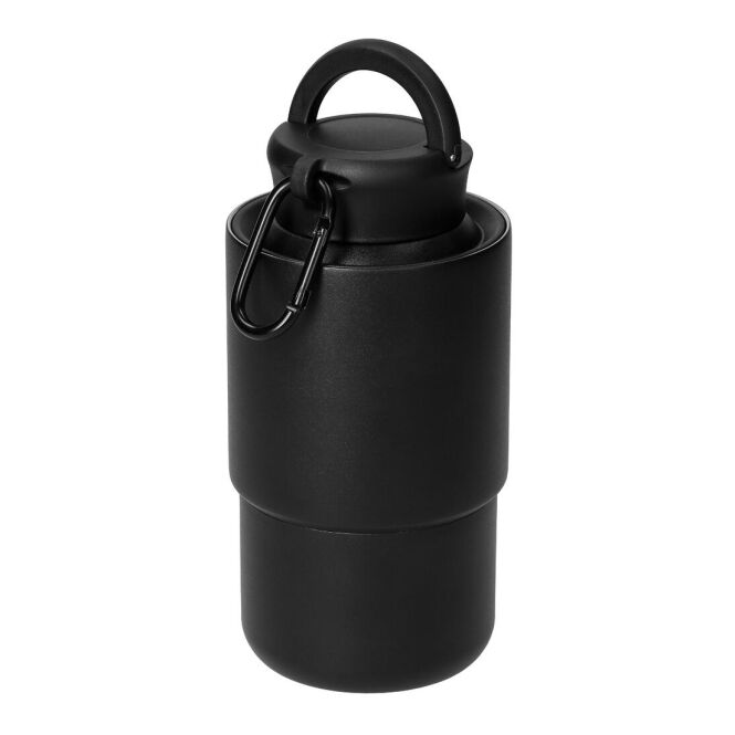 Werbeartikel Edelstahlbecher Trail mit Gravur – Schwarz – auslaufsicherer Outdoor-Becher mit Karabiner für Firmen