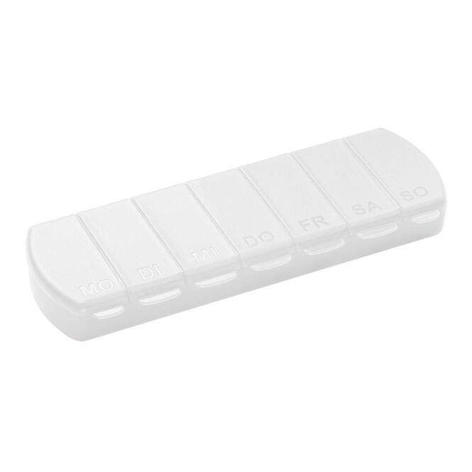 Werbeartikel Aufbewahrungsdose Seven Days mit Tampondruck – Transparent-milchig – lebensmittelechte Tablettenbox für Büro & Gesundheit