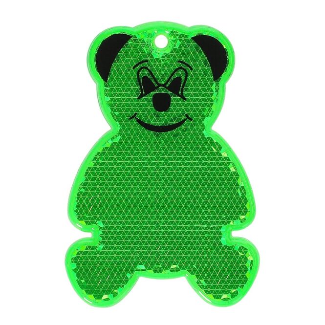 Streuartikel Reflektor Bär – grasgrün – mit Logo bedruckt reflektierender Werbeanhänger mit Öse und Schnur für Events