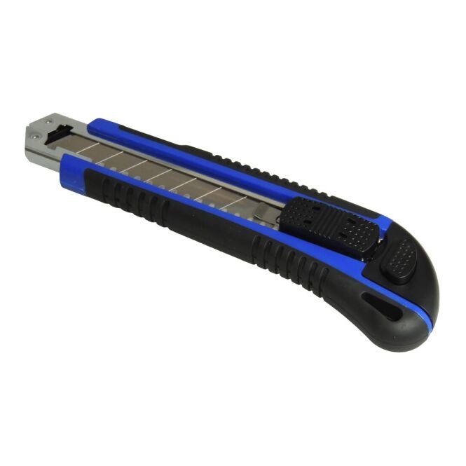 Werbeartikel Cuttermesser Pro – blau/schwarz – mit Logo bedruckt inkl. 3 M3 Stahlklingen und Metallführung für präzise Schnitte
