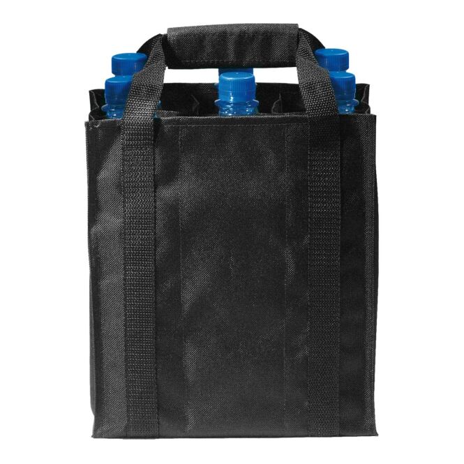 Werbeartikel Flaschentasche Deluxe aus recyceltem Polyester mit Logodruck – Schwarz – robuste Einkaufstasche für Getränkeflaschen im Büro