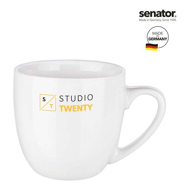 Firmengeschenk Senator Appeal Porzellanbecher mit Logodruck – Weiß – eleganter Kaffeebecher für Büro und Konferenzraum