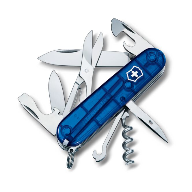 Firmengeschenk Climber Taschenmesser mit Logodruck – 14 Funktionen – Blau-transparent – Multifunktionswerkzeug für Büro und Handwerk