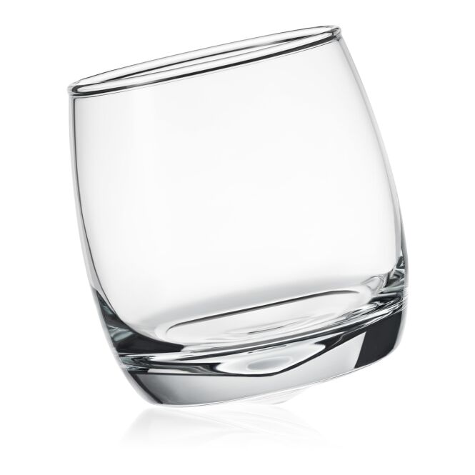 Werbeartikel Rastal Cuba Glas mit Logodruck – Schwenkfunktion mit Stehauf-Effekt – Trinkgefäß für Spirituosen und Softdrinks im Büro