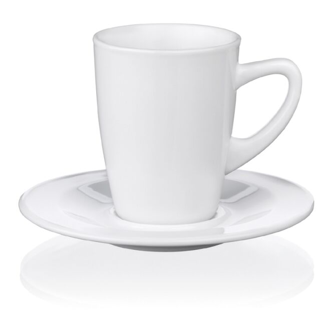Werbeartikel Kenia Kaffee Untertasse aus Porzellan mit Logodruck – hochwertiges Geschirr für Büro und Gastronomie