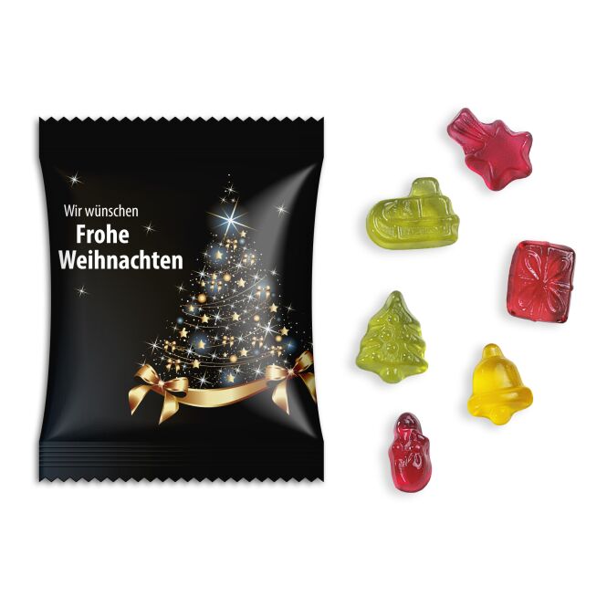 Streuartikel Fruchtgummi Standardtütchen – fruchtige gummibärchen – mit Logo bedruckt als Give-away auf Messen für potenzielle Kunden