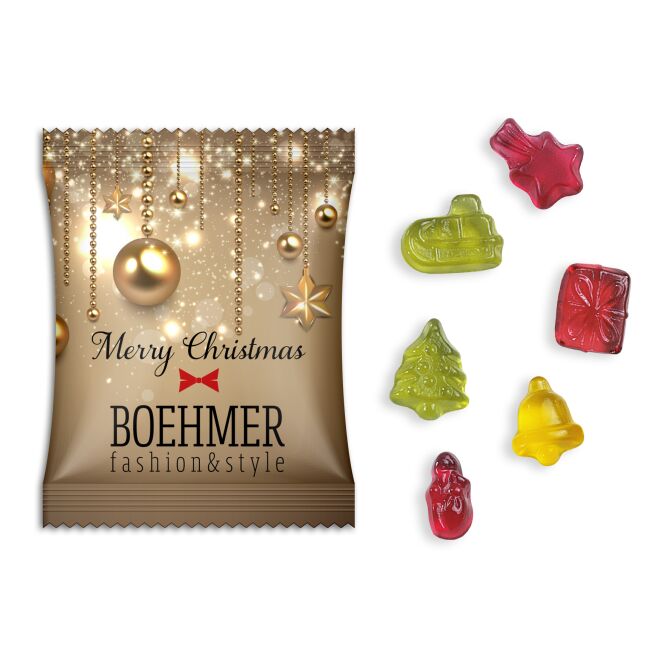 Streuartikel Fruchtgummi Weihnachtsedition – weiß – mit Logo bedruckt 10% Fruchtgehalt als Weihnachtsgeschenk für Kunden und Partner