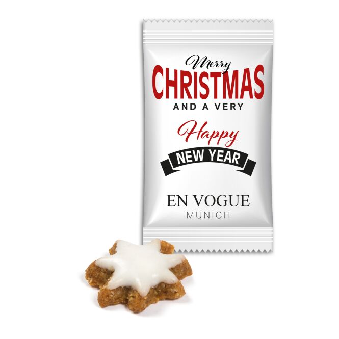 Firmengeschenk Lambertz Mini Zimtstern – weiß – mit individuell bedrucktem Etikett als Weihnachtsgeschenk für Kunden und Partner