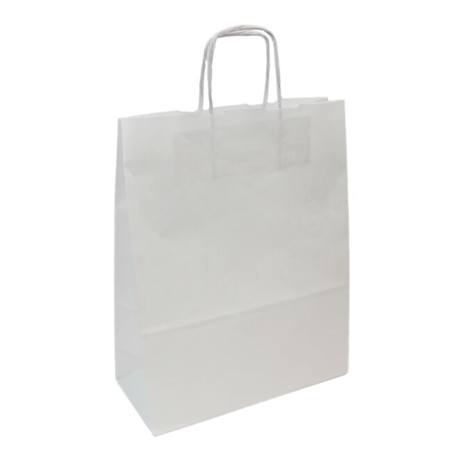 Streuartikel Papiertüte Krafttasche – weiß – mit individuellem Logodruck 25x11x32 cm 90-100g/m² elegante Geschenktüte für Messe-Events
