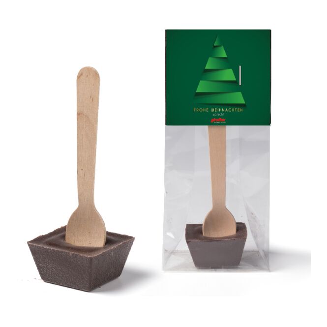 Firmengeschenk Trinkschokolade am Holzlöffel – vollmilch – inkl. Werbeaufdruck als Weihnachtsgeschenk für Mitarbeiter und Geschäftspartner