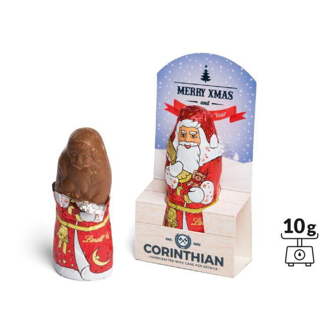 Mitarbeiter-Weihnachtsgeschenk Lindt Schoko Nikolaus mit Logodruck – köstliche Alpenvollmilch-Schokolade für Firmenevents und Kunden
