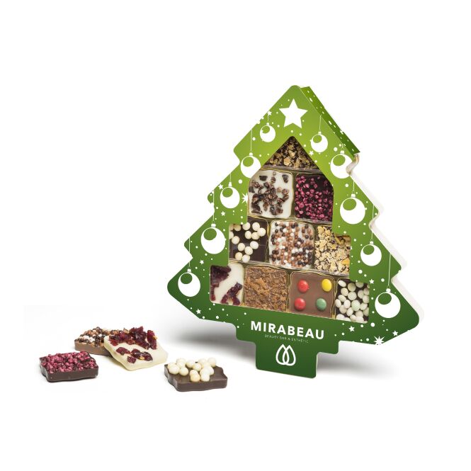 Firmengeschenk Schokini Weihnachtsbaum – mit schokolade in drei sorten – mit bedrucktem Etikett 11 Täfelchen als Weihnachtsgeschenk für Kunden