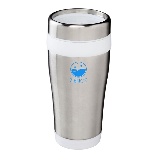 Firmengeschenk Elwood Isolierbecher mit Express-Gravur – 410 ml – Silber-Weiss – doppelwandiger Trinkbecher für Büro und Außendienst