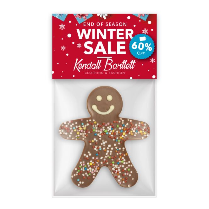 Firmengeschenk Schokoladen Männchen – vollmilchschokolade – mit individuell bedrucktem Kartonreiter 20g als Weihnachtsgeschenk für Kunden