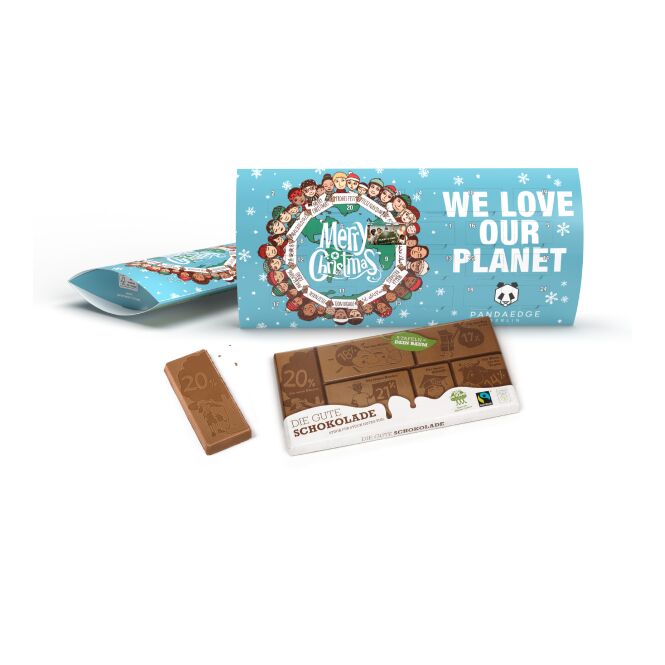 Firmengeschenk Der Gute Kalender Schweizer Vollmilch Schokolade – weihnachtlich – mit individuellem Werbeaufdruck als Weihnachtsgeschenk