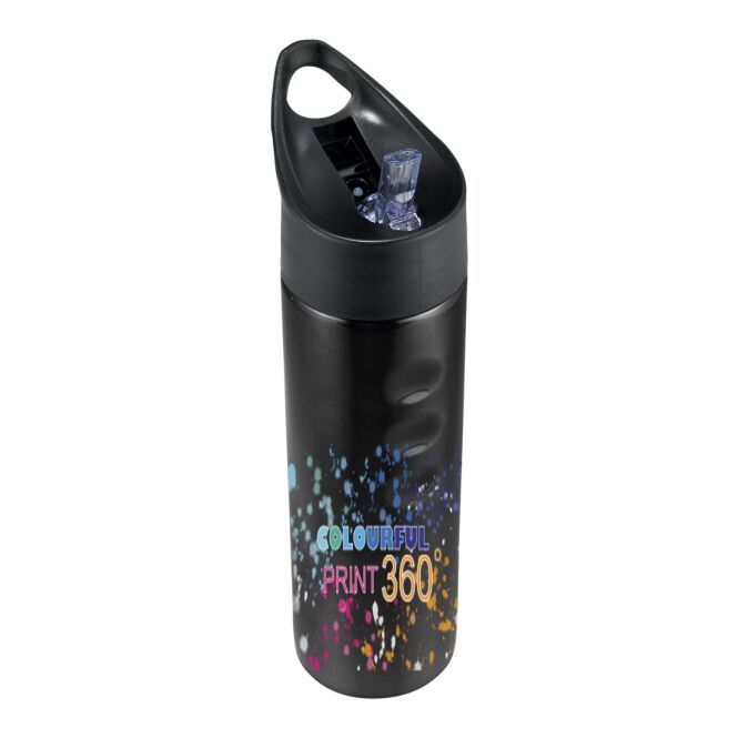 Werbeartikel Trixie Edelstahl Sportflasche mit Express-Gravur – 750 ml – Schwarz – auslaufsicheres Trinkgefäß für Unternehmen und Fitness