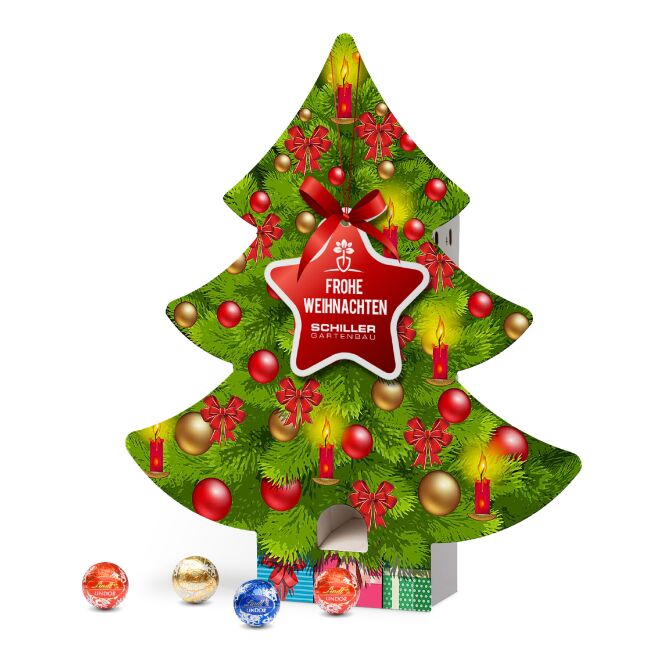 Kundenpräsent Lindt Lindor Adventsspender Baum mit Digitaldruck – interaktiver Adventskalender für die Weihnachtszeit