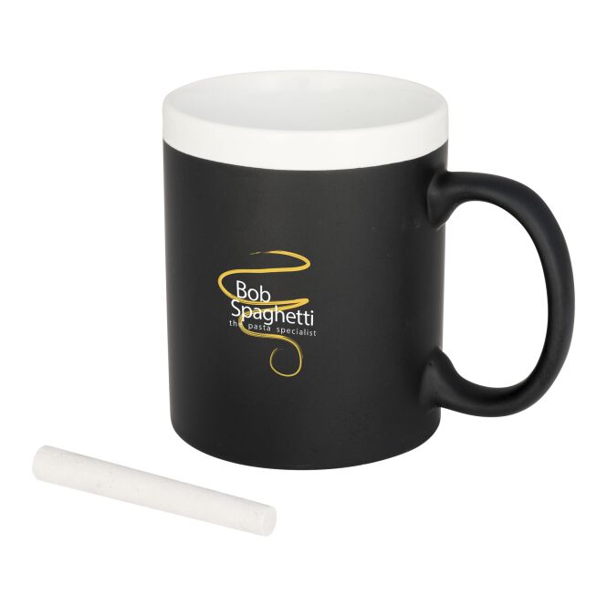 Werbeartikel Chalk-write Keramiktasse mit Express-Druck – 330 ml – Weiss – Kaffeebecher für Messen und Büro