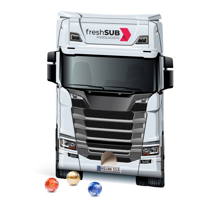 Firmengeschenk Lindt Lindor Adventsspender LKW – weihnachtlich – inkl. Werbeaufdruck 24 Kugeln als Weihnachtsgeschenk für Kunden und Partner