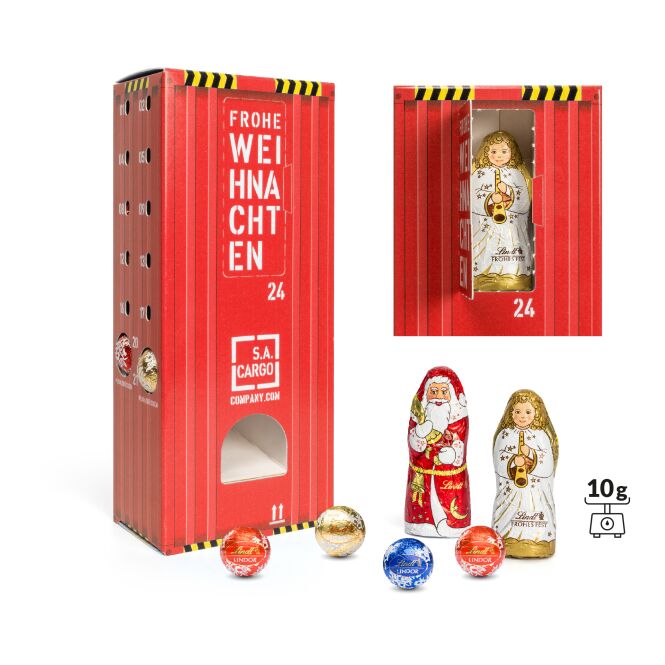 Mitarbeiter-Weihnachtsgeschenk Lindt Lindor Adventsspender Turm mit Logodruck – interaktiver Adventskalender für Firmenkunden