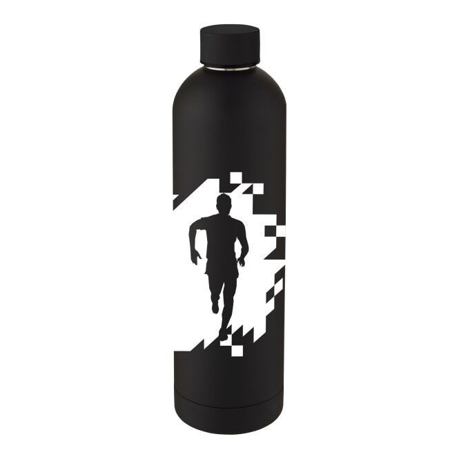 Firmengeschenk Spring Vakuum Isolierflasche mit Express-Gravur – Schwarz – 1 l Edelstahlflasche für Kunden und Mitarbeiter