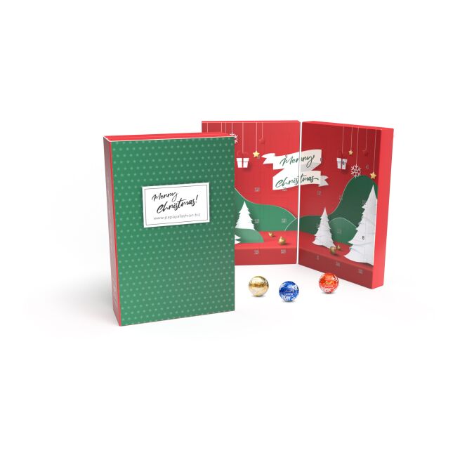 Kundenpräsent Lindt Lindor Adventskalender Buch mit Logodruck – nachhaltiger Weihnachtskalender für Firmenevents