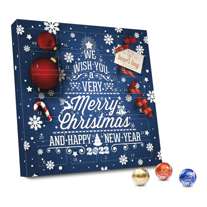 Kundenpräsent Lindt Adventskalender Lindor Eco mit individuellem Digitaldruck aus Karton – nachhaltiges Weihnachtsgeschenk für Geschäftspartner