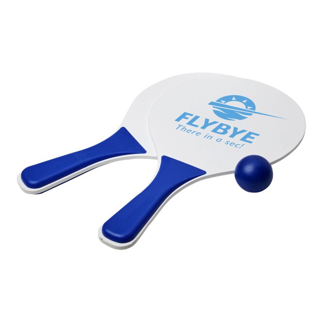 Werbeartikel Bounce Strandspiel-Set – royalblau-weiss – mit Logo bedruckt 48h Express-Druck mit Ball in Netzverpackung für Teamevents