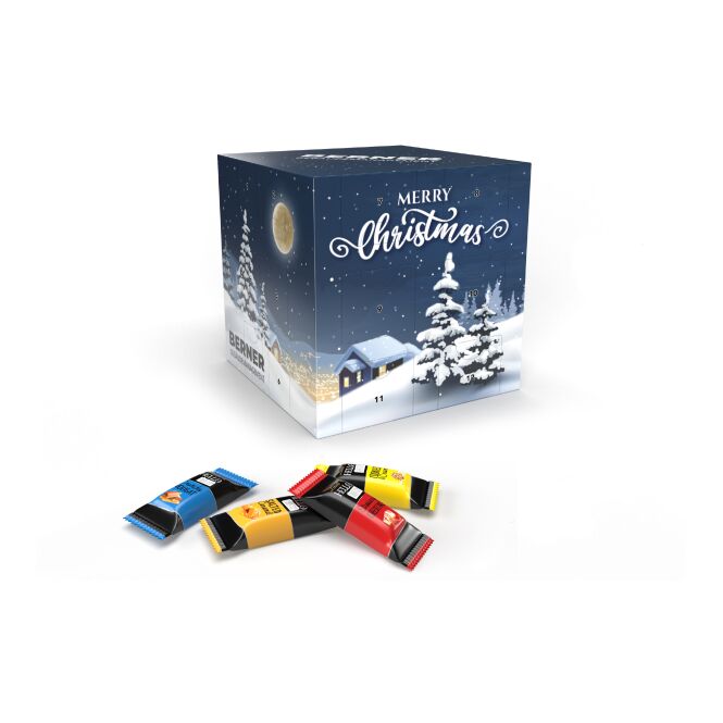 Mitarbeiter-Weihnachtsgeschenk Lindt HELLO Mini Adventskalender Würfel Eco mit Logodruck – Schokoladenpräsent für Kunden und Partner