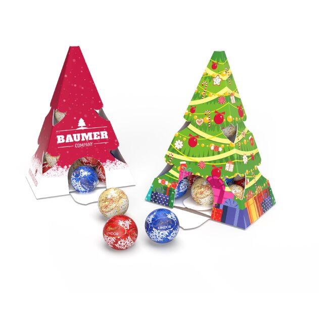 Firmengeschenk Lindt Lindor Tannenbaum – vollmilch, zartbitter & weiße schokolade – mit individuellem Etikett 15 Kugeln als Weihnachtsgeschenk für