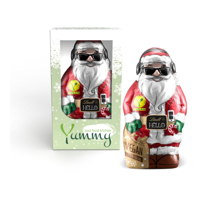 Mitarbeiter-Weihnachtsgeschenk Lindt HELLO Santa Vegan mit Logodruck – vegane Schokolade für Geschäftspartner und Kunden