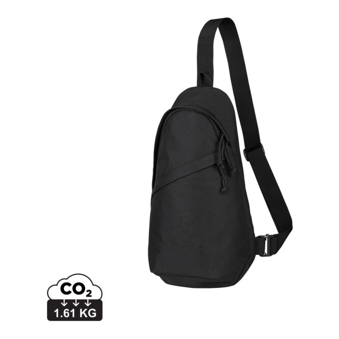 Werbeartikel Renew AWARE rPET Sling Bag – schwarz – mit Logodruck, nachhaltiger Schultertasche als praktisches Messe-Giveaway für Events