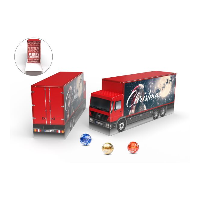 Kundenpräsent Lindt Lindor Adventskalender LKW Eco mit Digitaldruck aus Karton klimaneutrales Weihnachtsgeschenk für Geschäftspartner