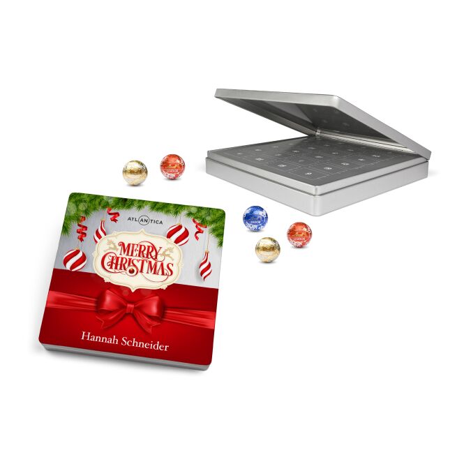 Firmengeschenk Lindt X-Mas Box Eco – weihnachtlich – mit Logo bedruckt 24 Lindor Kugeln als Weihnachtsgeschenk für Kunden und Mitarbeiter