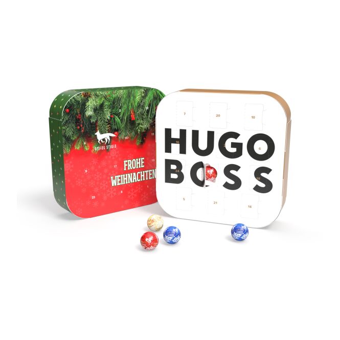 Firmengeschenk Lindt Appventskalender Eco – weihnachtlich – mit bedrucktem Etikett 24 Mini Kugeln als Weihnachtsgeschenk für Kunden und Partner