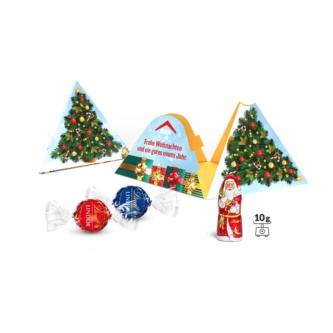 Firmengeschenk Lindt Xmas Pyramide – weihnachtlich – mit bedrucktem Etikett 3 Stück als Weihnachtsgeschenk für Kunden und Partner