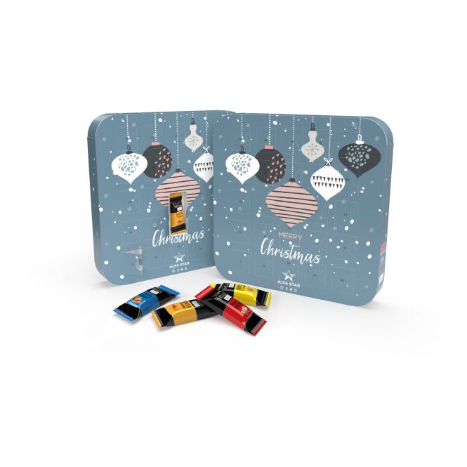 Firmengeschenk Appventskalender Maxi Eco – adventszeit – mit bedrucktem Etikett als Weihnachtsgeschenk für Mitarbeiter und Kunden