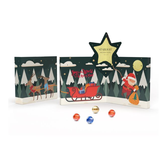 Mitarbeiter-Weihnachtsgeschenk Lindt Adventskalender Buch mit Logodruck – nachhaltiger Karton – exklusives Firmenpräsent für Kunden