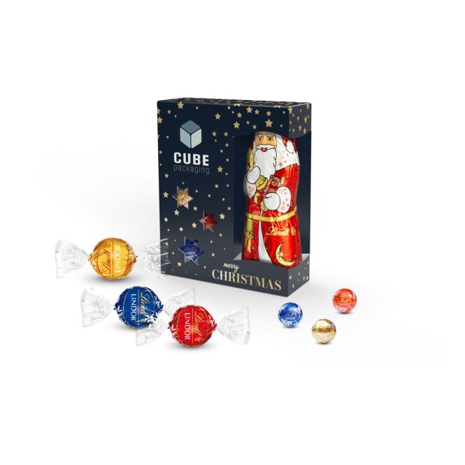 Firmengeschenk Lindt Nikolaus Mix – weihnachtlich – mit individuellem Etikett 40 g als Weihnachtsgeschenk für Kunden und Partner