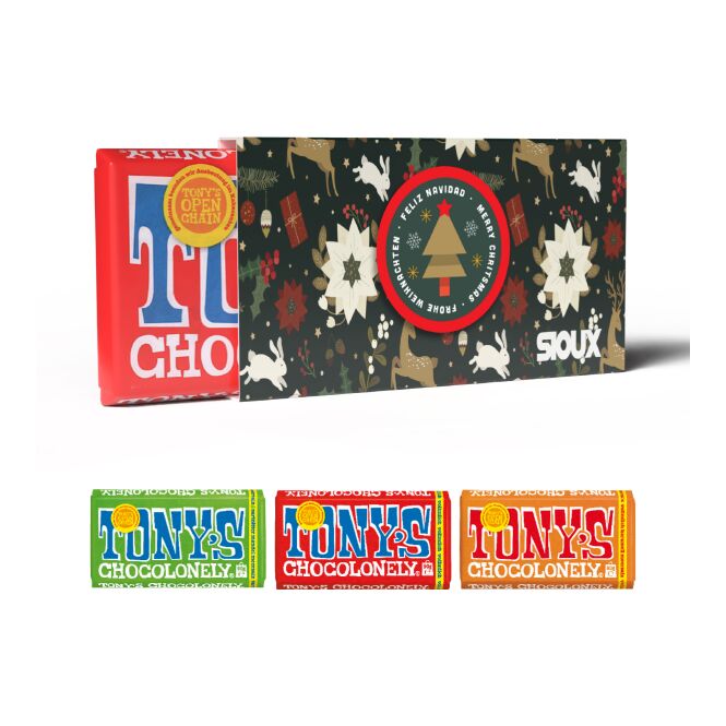 Firmengeschenk Tonys Chocolonely Tafel 90 g mit Digitaldruck – Faire Markenschokolade im individuell bedruckbaren Werbeschuber für Büros
