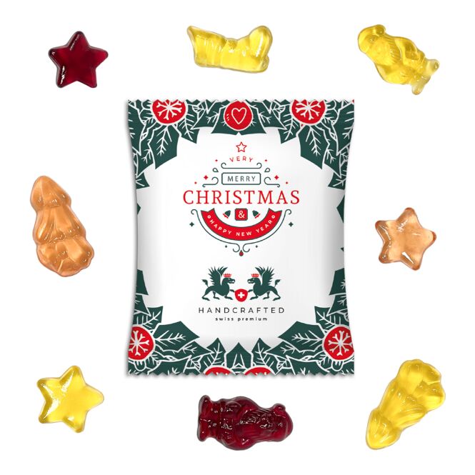 Firmengeschenk Fruchtgummi Vegan Weihnachtsedition – weihnachtsmischung – mit bedrucktem Etikett ca. 10g als Weihnachtsgeschenk für Kunden und Partner