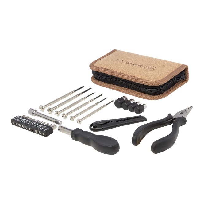 Firmengeschenk Werkzeugset Spike – natur – 48h Express-Lasergravur, 24-tlg, RCS-Kunststoff & Kork, nachhaltiges Handwerkerset für CSR