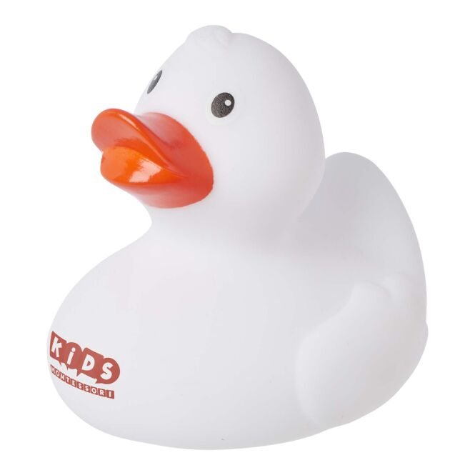 Werbeartikel Antistressball Quack Badeente – weiß – mit Logo bedruckt 48h Express-Druck als Messe-Giveaway